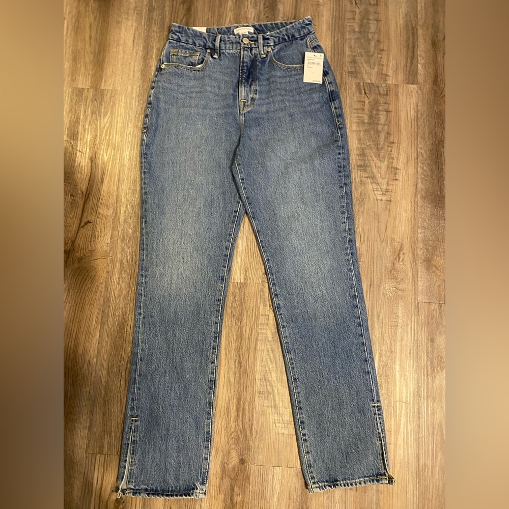 Good American Good Boy Jeans High Rise Split Hem Blue941 Women's Size 4 27 NWT